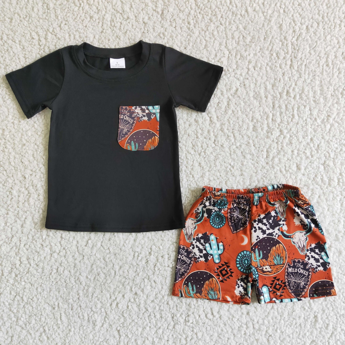 promotion black top pocket boy cactus cow print brown short sleeve short pants outfit 0