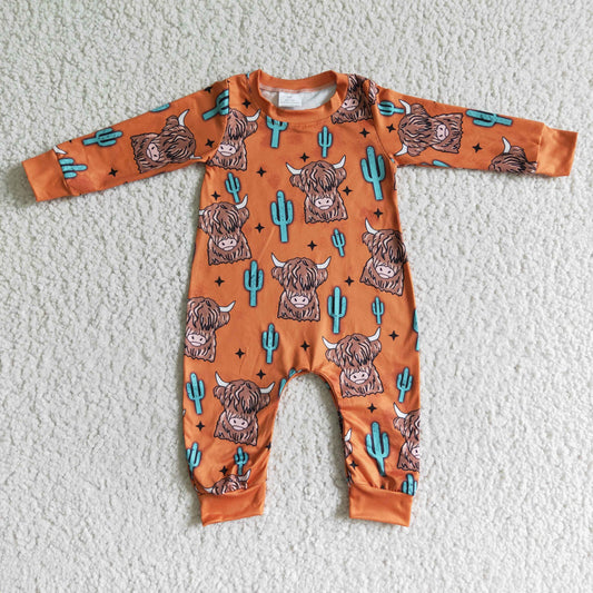 0802 howdy brown orange cow cactus long sleeve boy romper RTS