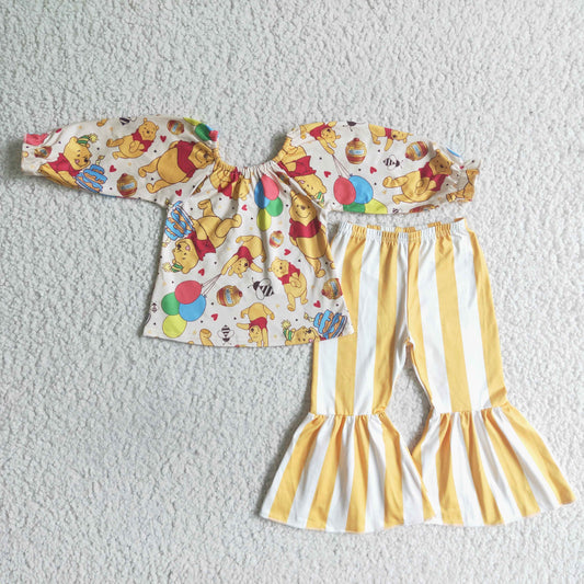 RTS 0714yellow cartoon bear off shoulder long sleeve stripe pants girl outfit