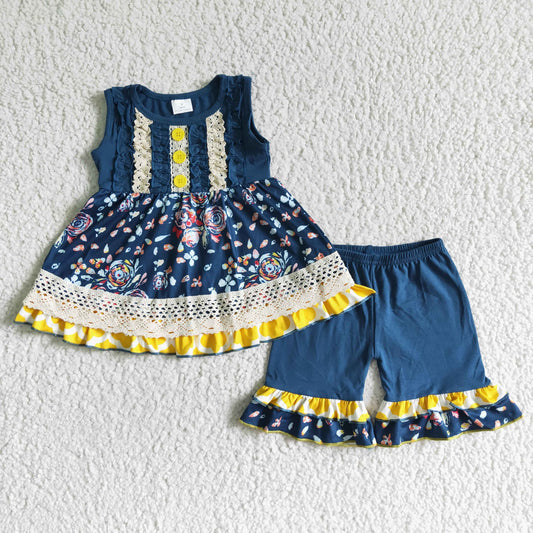 C0-11 RTS 0614 Blue flower sleeveless button top ruffle shorts girl outfit