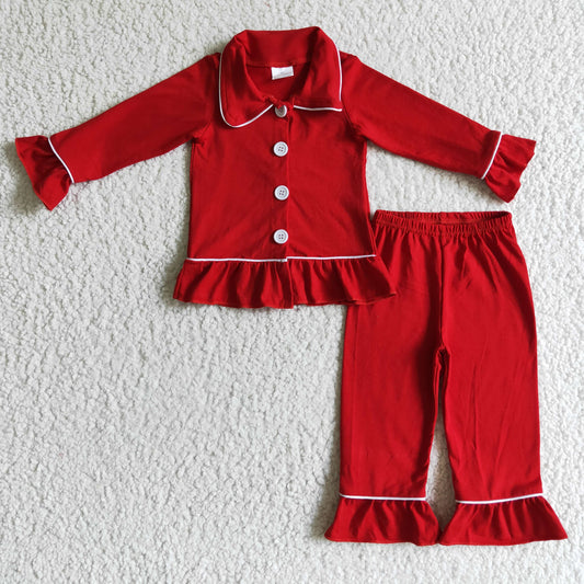 GLP2789  red cotton flare long sleeve long ruffle pants girl pajamas outfit RTS