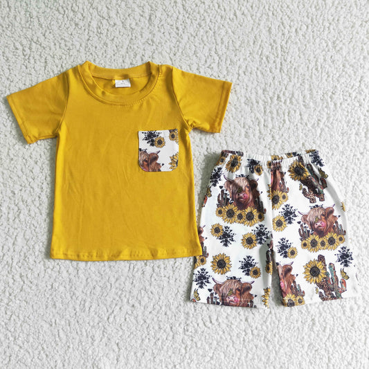 BSSO0069 RTS yellow flower cow western cactus design baby boy outfit 0614