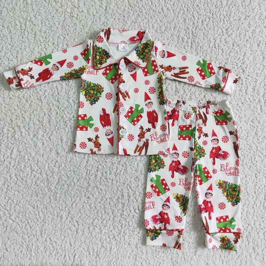 elf Christmas boy cartoon santa collar long sleeve pajamas outfit