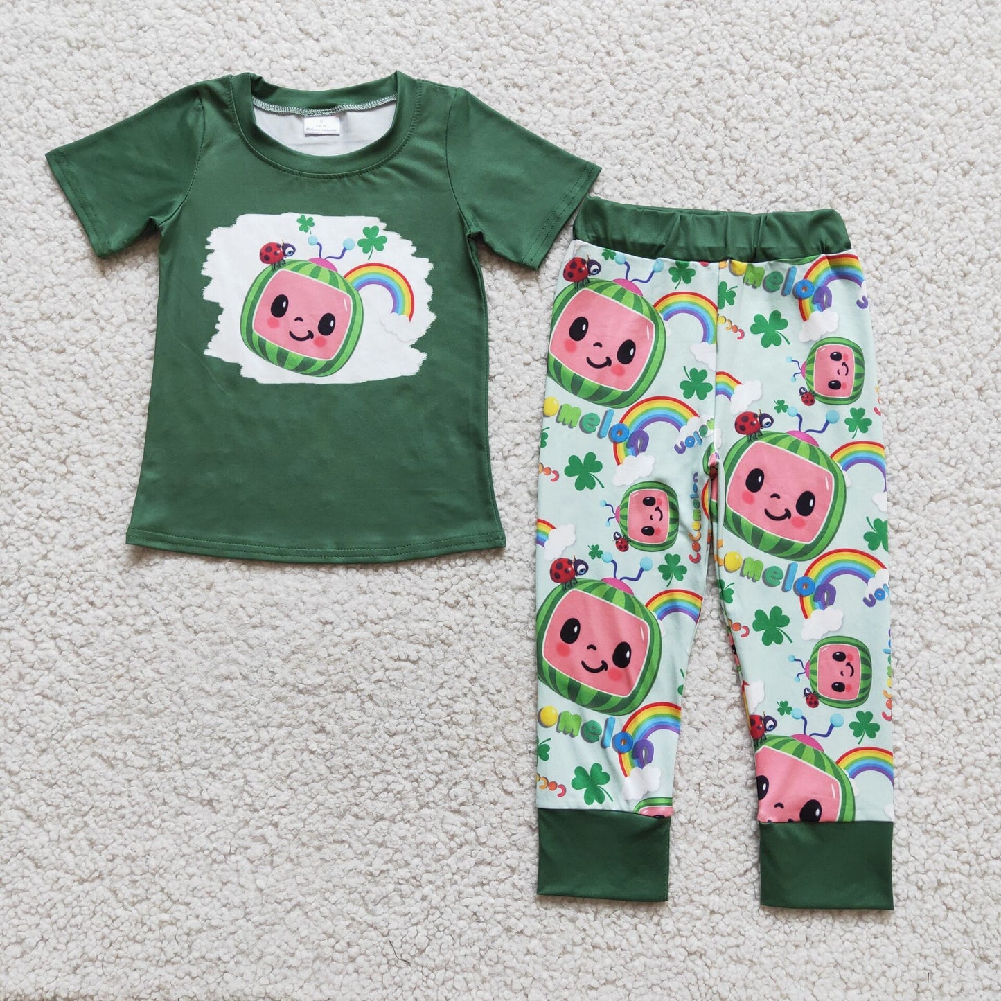 promotion RTS D5-2 clover rainbow boy cartoon short sleeve pant outfit