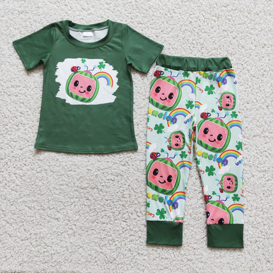 promotion RTS D5-2 clover rainbow boy cartoon short sleeve pant outfit