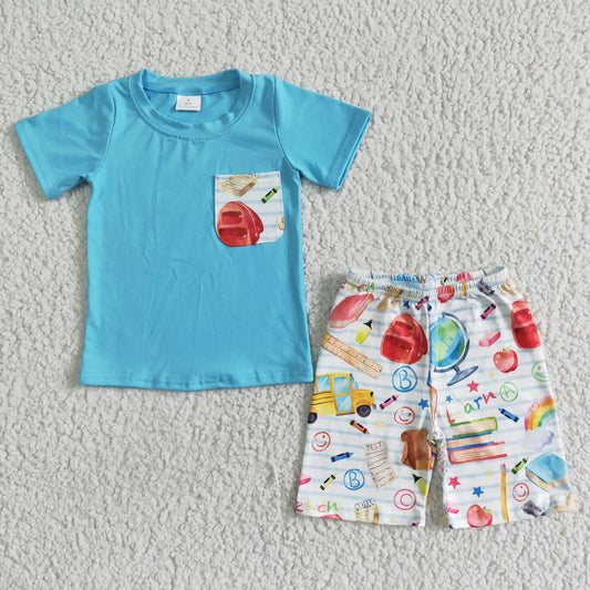 RTS back to school ruler pencil bus blue short sleeve shorts boy outfit 0614