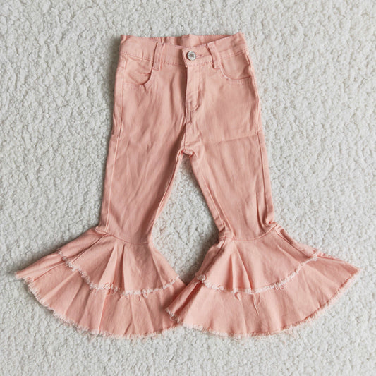 pink  double ruffles bell bottom button jeans denim pant Jan 0106