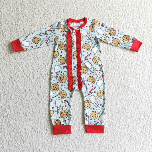 LR0185 Christmas Santa cookies MILK long sleeve girl ruffle romper 1011 RTS