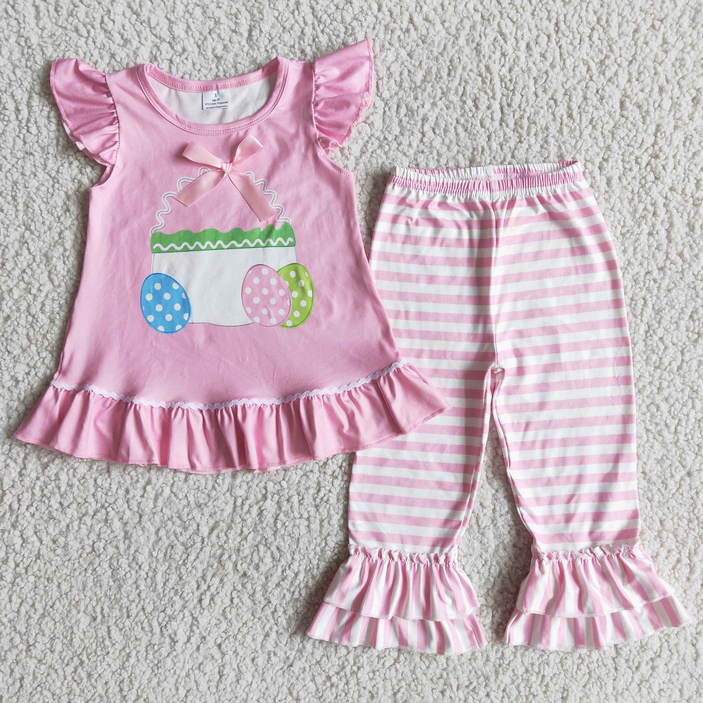 promotion RTS D1-13 easter eggs bow pink lace stripe flutter short sleeve pant outfit