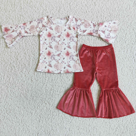 RTS 0808 red pumpkin flower print flare long sleeve off shoulder pink bell bottom outfit girl clothes