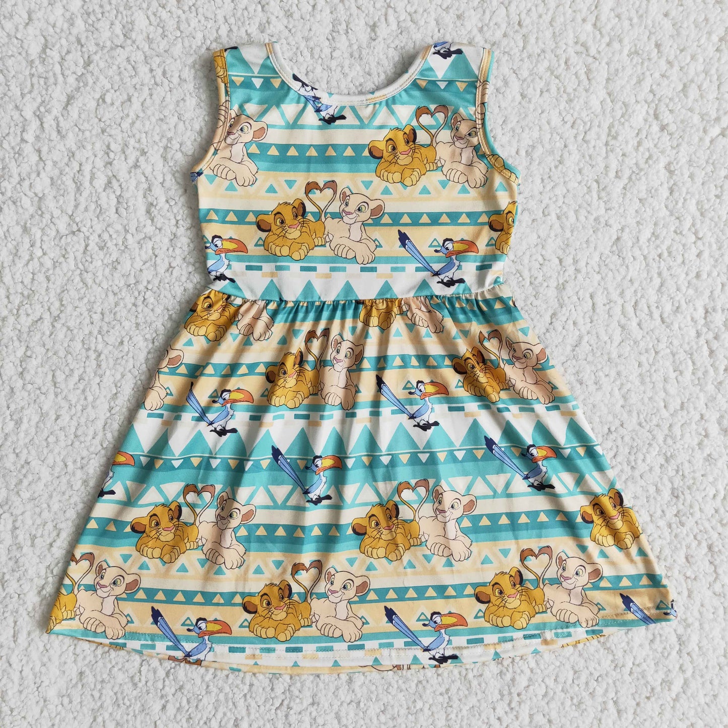 promotion yellow blue triangle ruffles cartoon lions sleeveless dress 0512