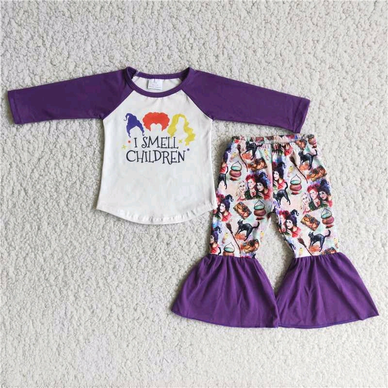 girl purple raglan letter character long sleeve bell bottom pants outfits