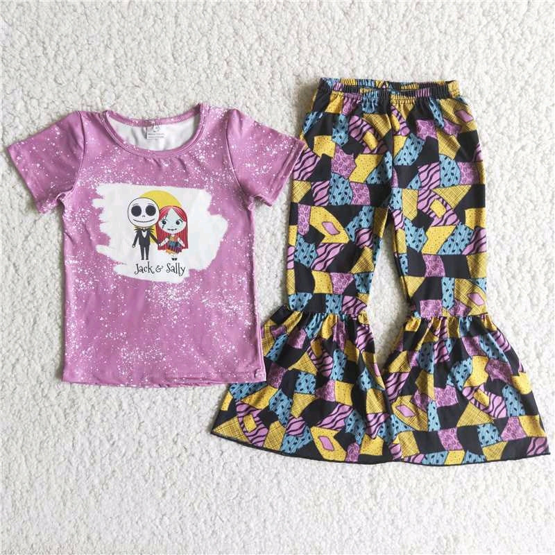 C9-13 halloween purple ghost short sleeve plaid bell bottom pants girl outfit 20230616 preorder