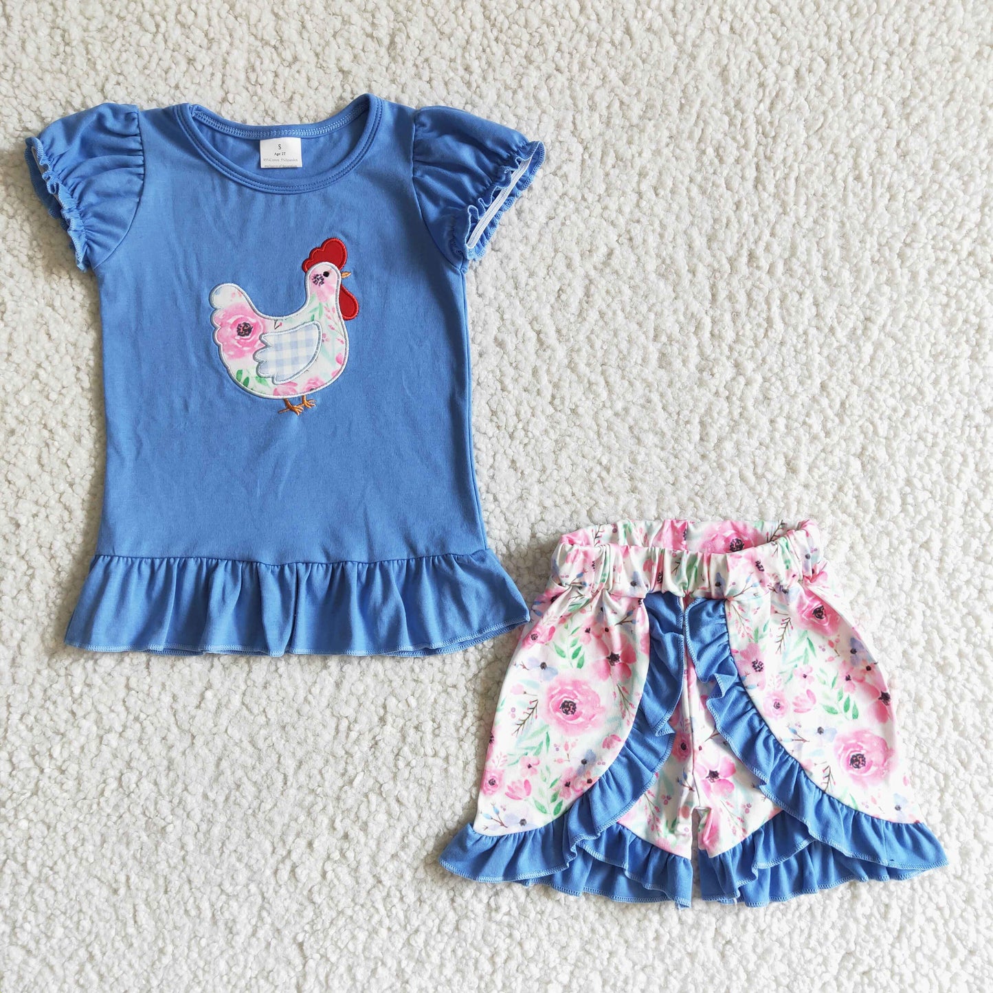 GSSO0020 blue top cock rooster chicken embroidery girl short sleeve shorts girl outfit 0408