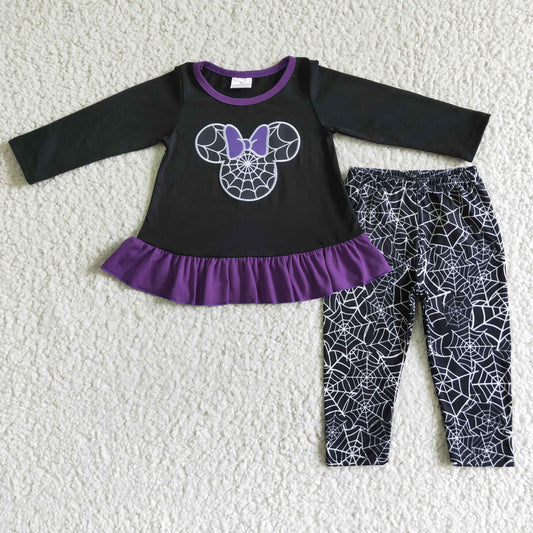 promotion GLP0027 RTS embroidery black top mouse bow long sleeve spider web legging girl outfit 202408