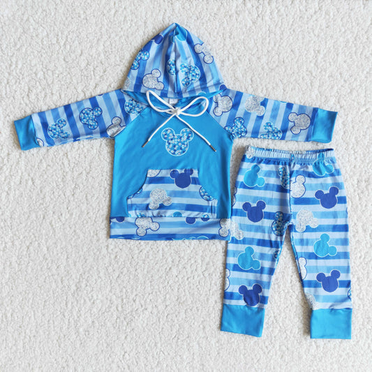 promotion  6 A27-18 boy blue cartoon mouse stripe pocket hoodie outfit