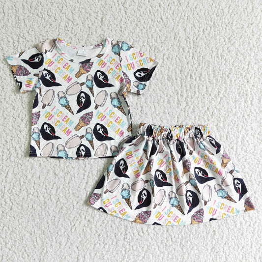 promotion RTS GSD0100 halloween girl top skirt i skull you ghost ice cream skirt white short sleeve girl outfits 20230608 RTS