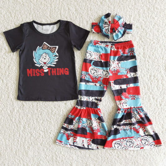 E6-12 miss thing reading cartoon cats short sleeve bell bottom girl outfit bow headband 3pcs outfit 20230221 RTS