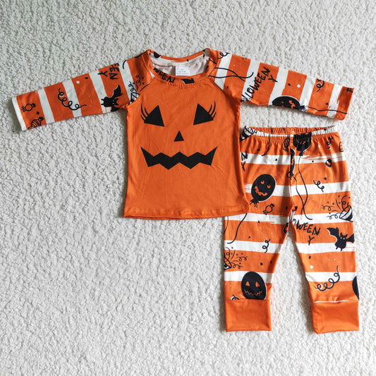 halloween orange pumpkin smile long sleeve stripe jogger mama and kids GIRL pajamas 0824