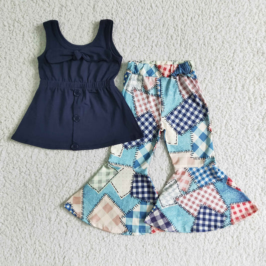 Promotion vest 0802 RTS shoulder straps top navy bow tunic sleeveless bell bottom pants outfits 0614 RTS