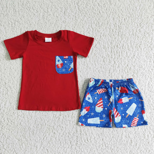 BSSO0025 red short sleeve blue shorts ice popsicle print shorts boy outfits 20230417 RTS