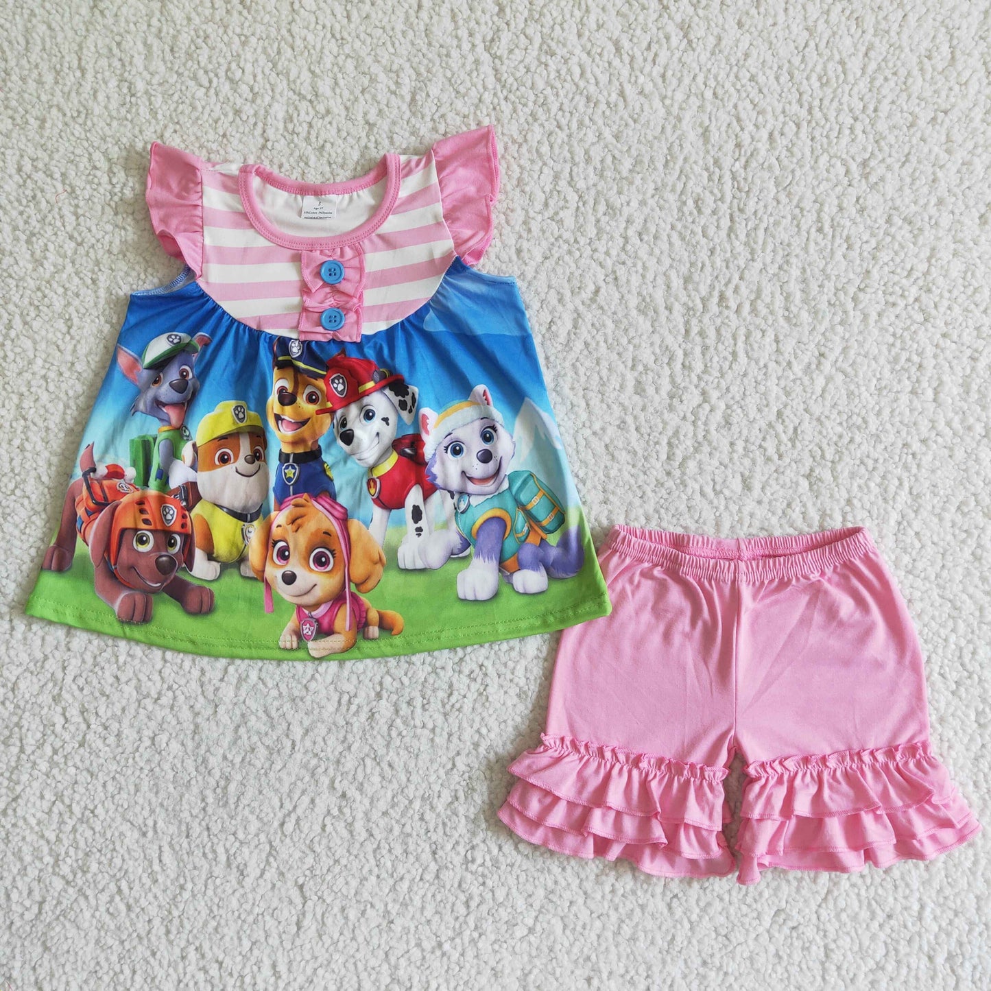 pink stripe buttons dog print puffy ruffles short sleeve shorts girl outfits 0412