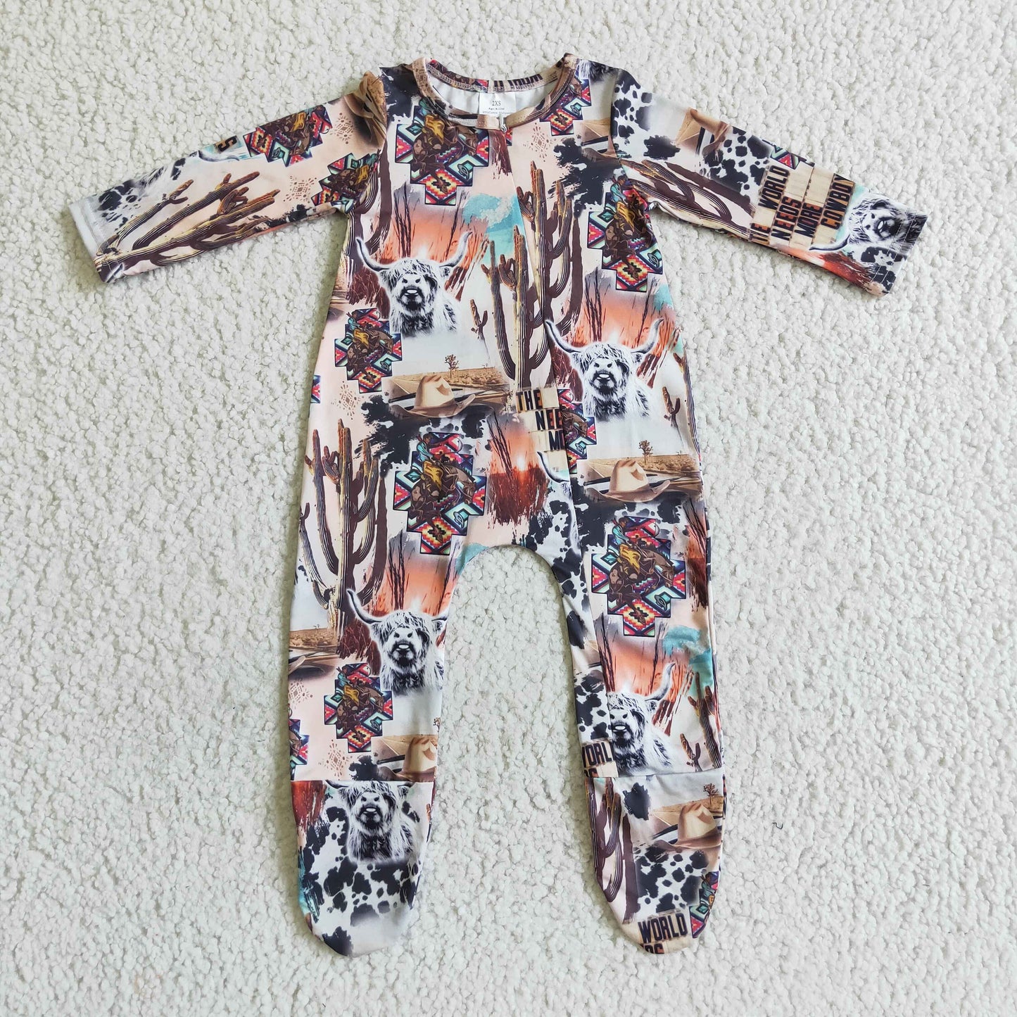 PROMOTION PRICE  LR0069  cow western cactus long sleeve zipper baby boy girl romper LR0069