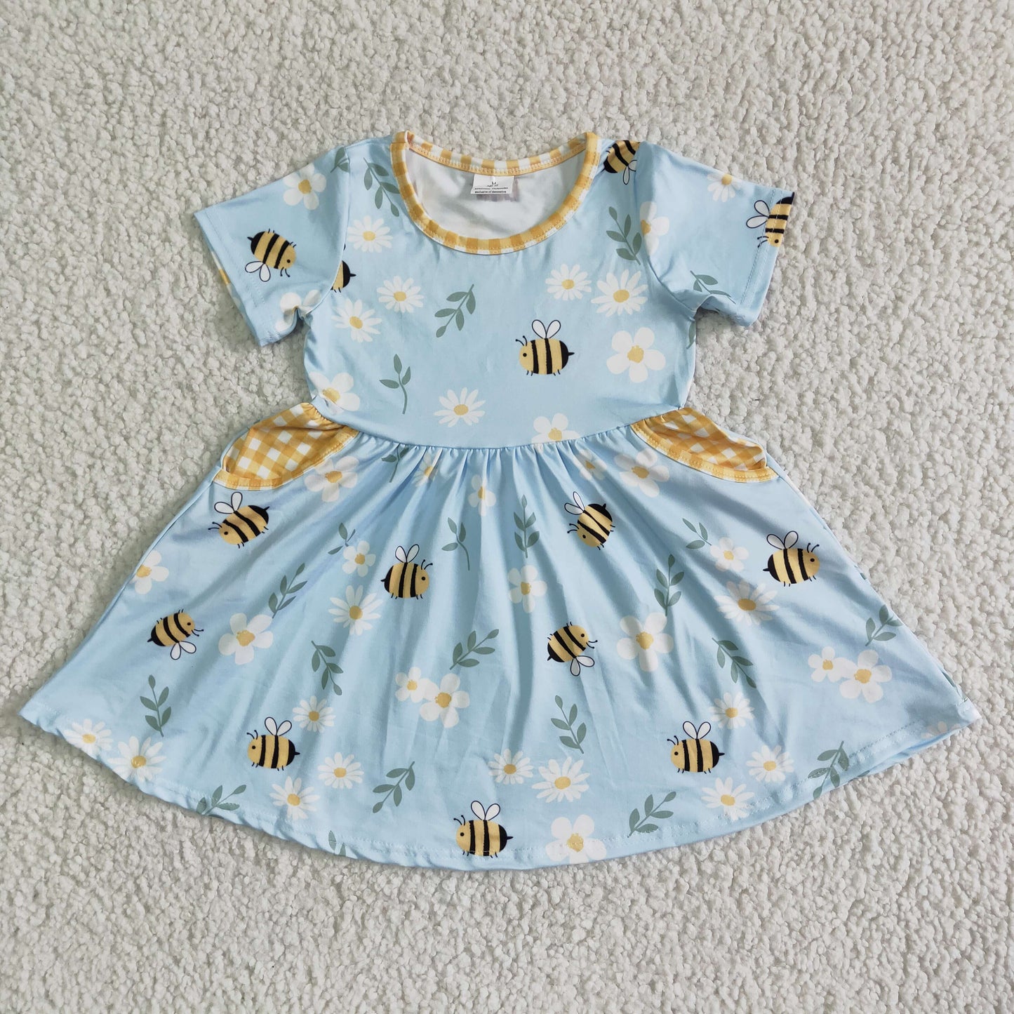 bees yellow pockets floral sky blue yellow short sleeve dress 0328