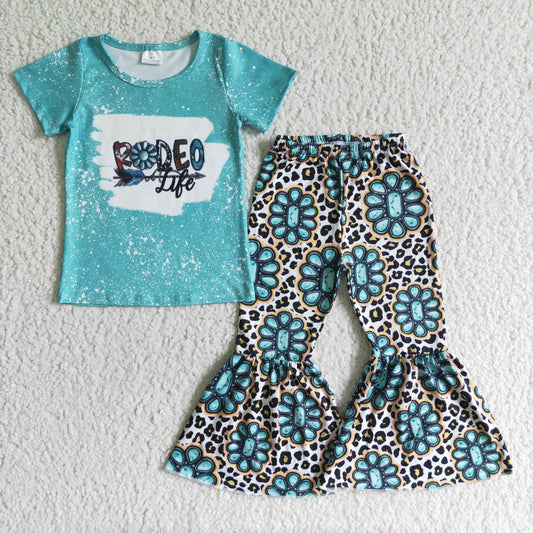 promotion RTS rodeo life green gem letters leopard print emerald green short sleeve bell bottom girl outfit