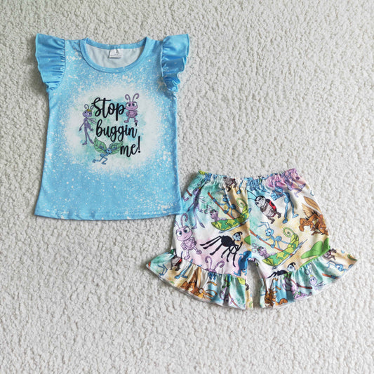 promotion GSSO0084 stop buggin me blue top ant green caterpillar shorts summer girl outfits RTS 20230320