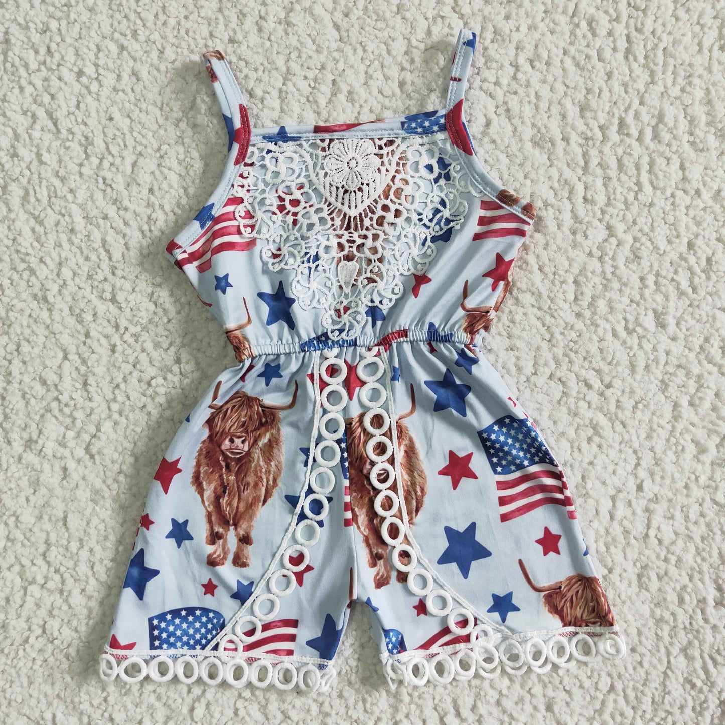 SR0053 RTS white lace yak cow blue red star 4th July America print girl sling overall 0831