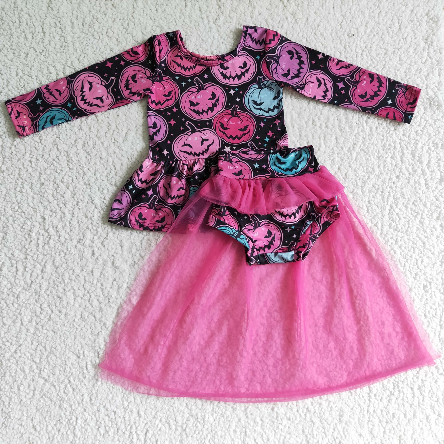 promotion GLD0080 Halloween hot pink skull pumpkin long sleeve Tulle gauze bummie outfit  RTS 202408