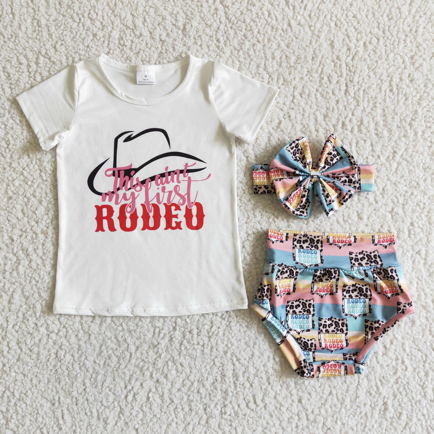 GBO0023 choose headband first western rodeo hat print white top short sleeve cow print bummies shorts 3pcs girl outfits 0404