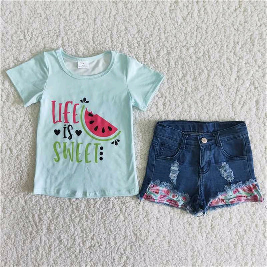 girl outfit watermelon blue short sleeve denim shorts set