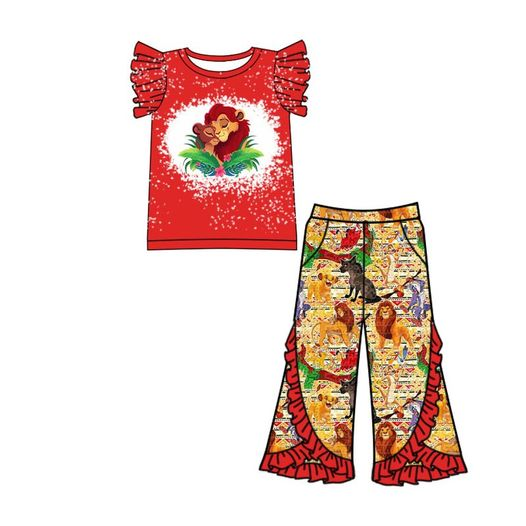 preorder 0525 red ruffle sleeve kids mama lion ruffle pants girl outfit 0525