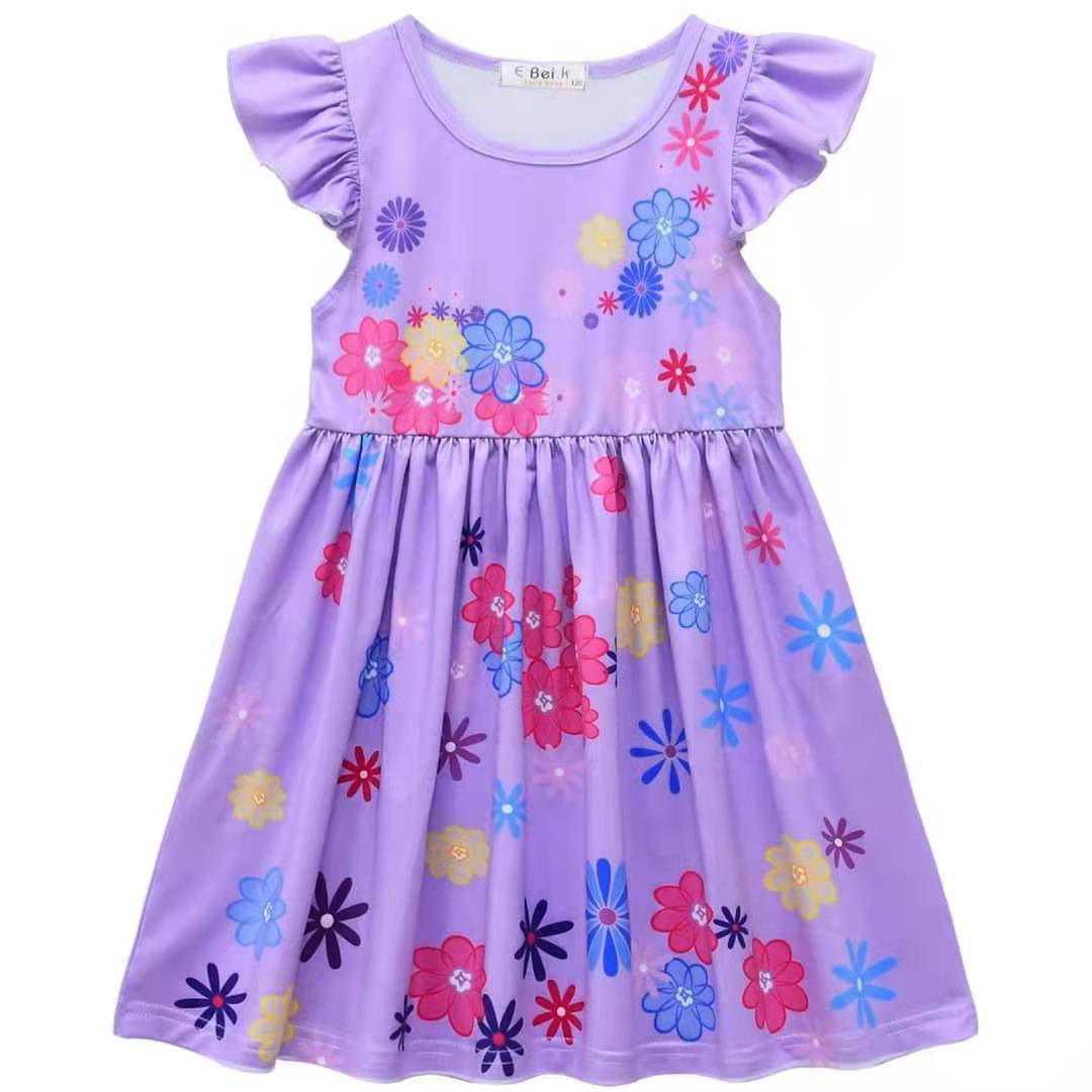 promotion purple floral magic girl flutter short sleeve dress0316