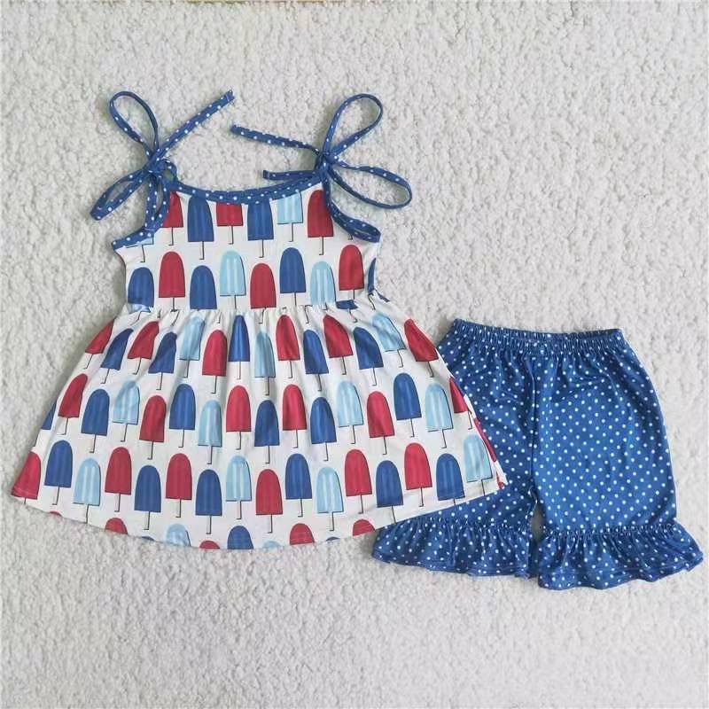 Popsical ice sling shoulder strap girl ice cream red blue dot short sleeve shorts RTS 0525