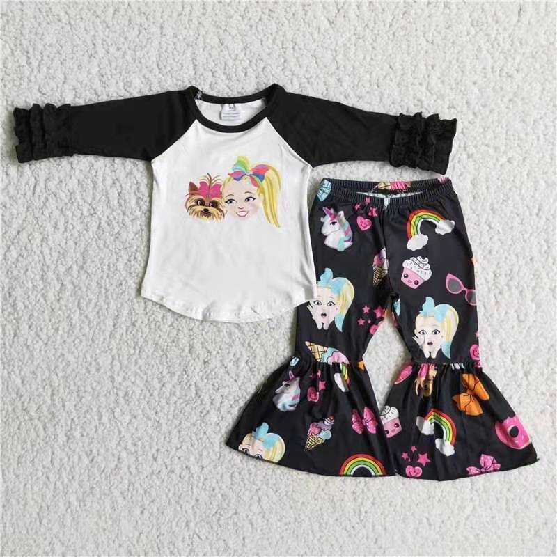 Promotion dog girl rainbow ruffles black raglan long sleeve bell bottom outfit