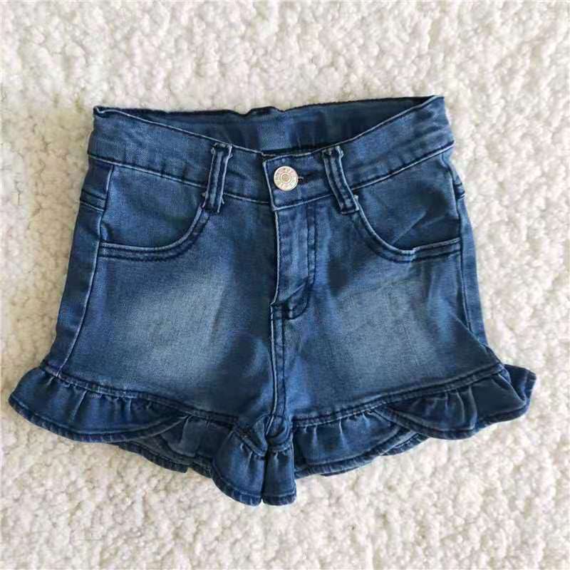 girl button blue ruffles denim shorts