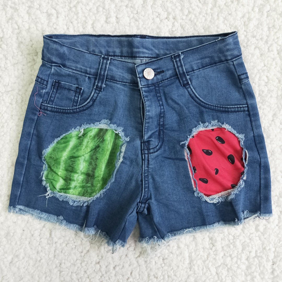 girl button blue stripe watermelon ripped denim shorts