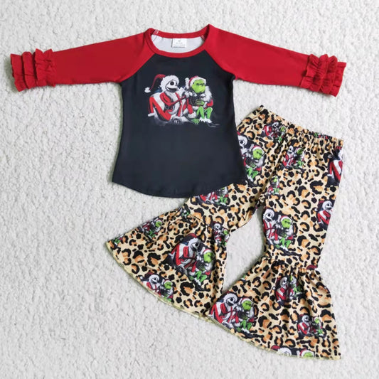 C9-22 Christmas green cartoon red black raglan leopard long sleeve bell bottom pants outfits