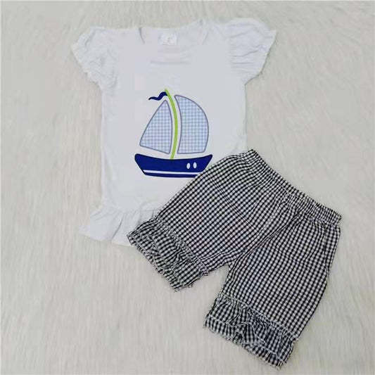 white top Sailboat embroidery print white black plaid short sleeve shorts boy summer outfits 0104