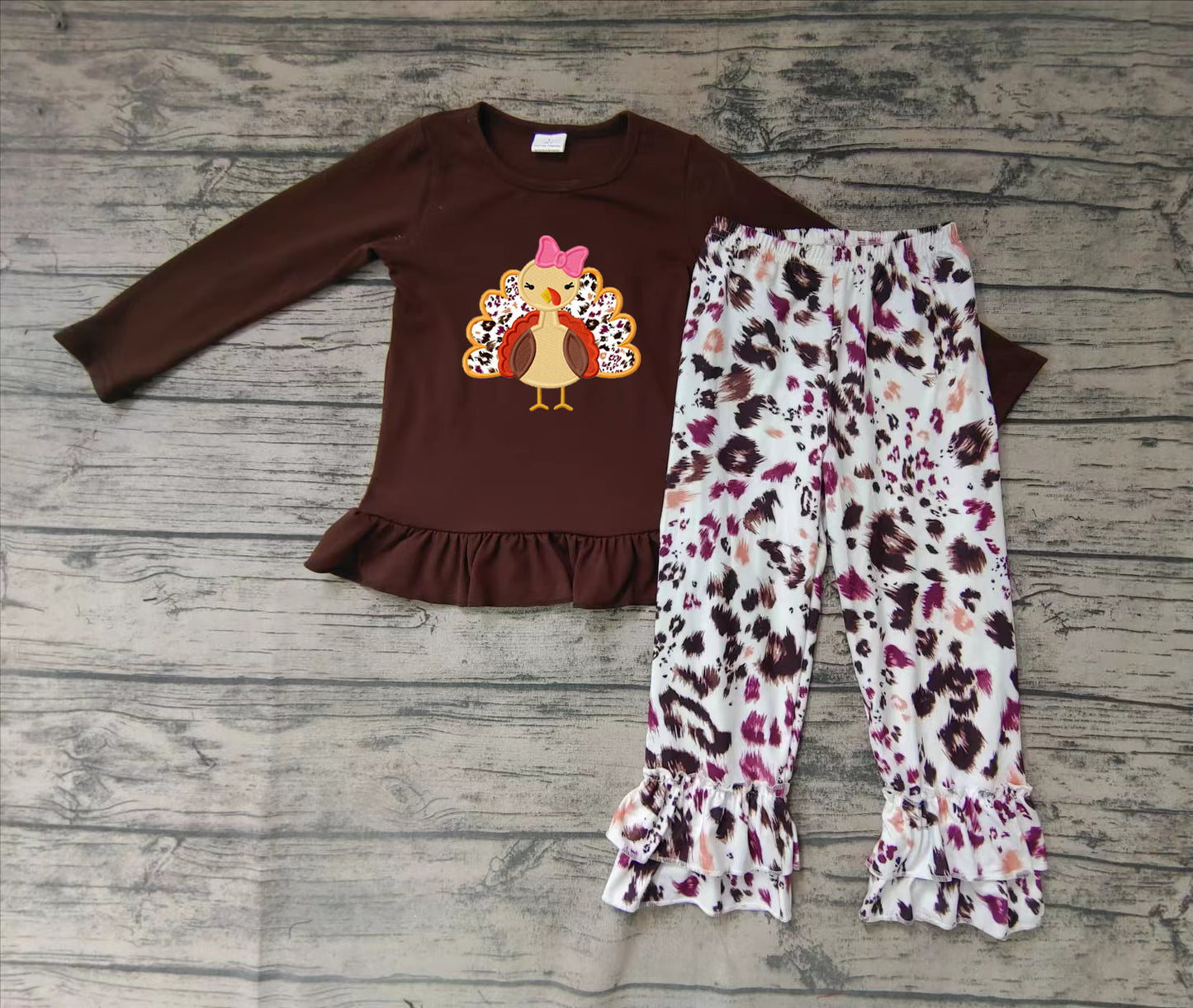 Preorder embroidered brown turkey long sleeve leopard bell pants girl outfit clothes 0615 thanksgiving