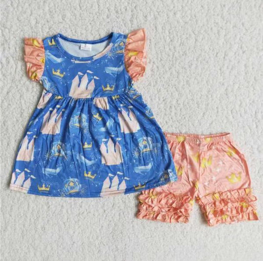 promotion B9-21 queen castle Blue floral puffy ruffles short sleeve shorts girl outfit  20230214