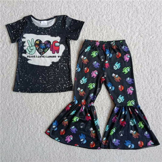 promotion black game short sleeve bell bottom pants girl outfit 202404