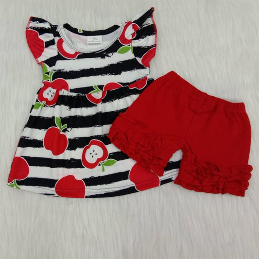 Apple stripe puffy red ruffles short sleeve shorts outfits