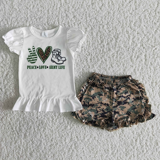 army life letter boots camo ruffles short sleeve short pants set