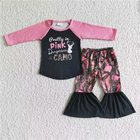 Christmas girls pink camo long sleeve bell bottom girl outfits