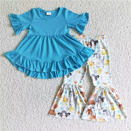 RTS GSPO0112 horse cow blue ruffle dress top bell bottom girl outfit 0928