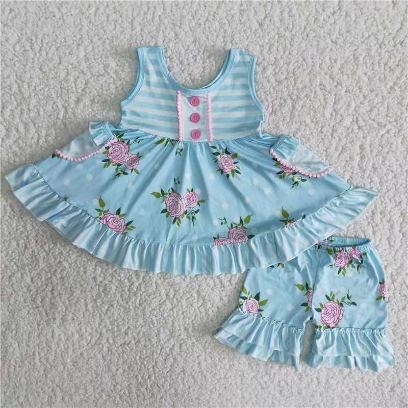 A17-2 sky blue white stripe flower button ruffles pocket short sleeve shorts girl outfit 20230421 RTS